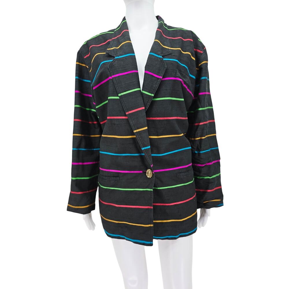Vintage 80s Liz Claiborne Silk Striped Blazer Black 12